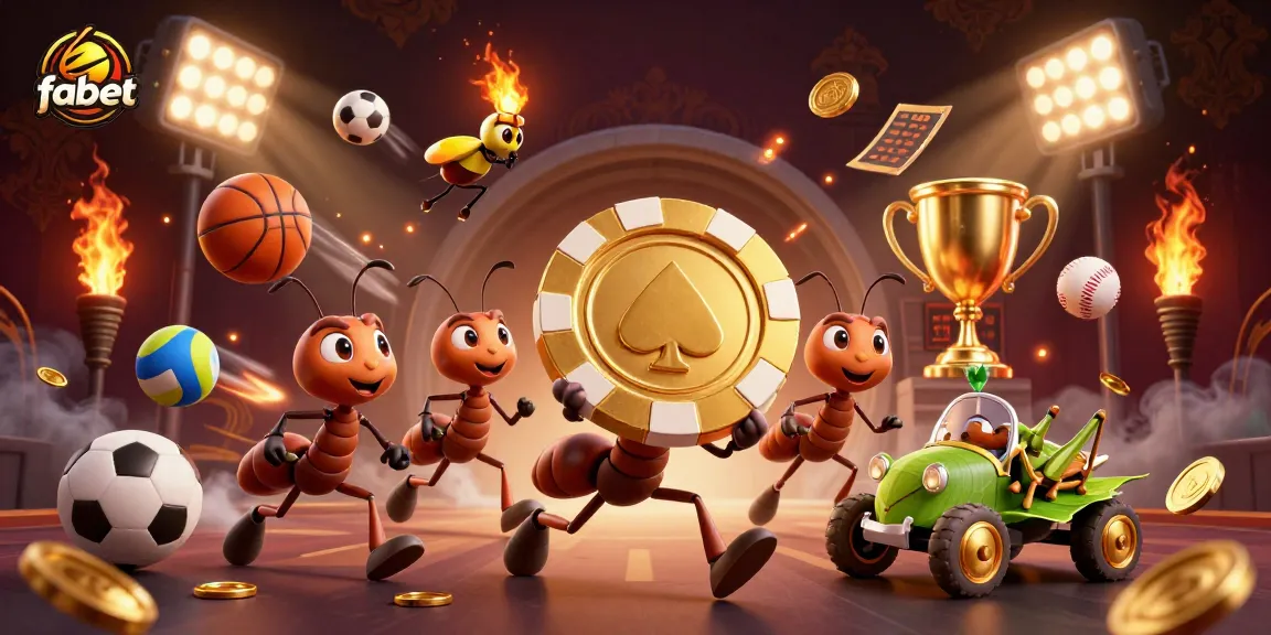 Ants executing a fabet heist with a golden poker chip amidst vibrant casino elements.