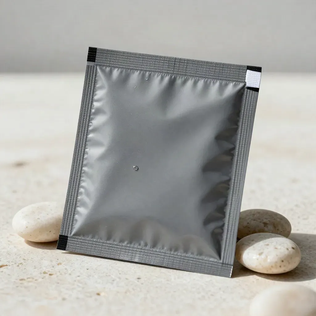 Packet promozionale scuro su pietra chiara con dettagli in film traslucido e piccoli sassi levigati.