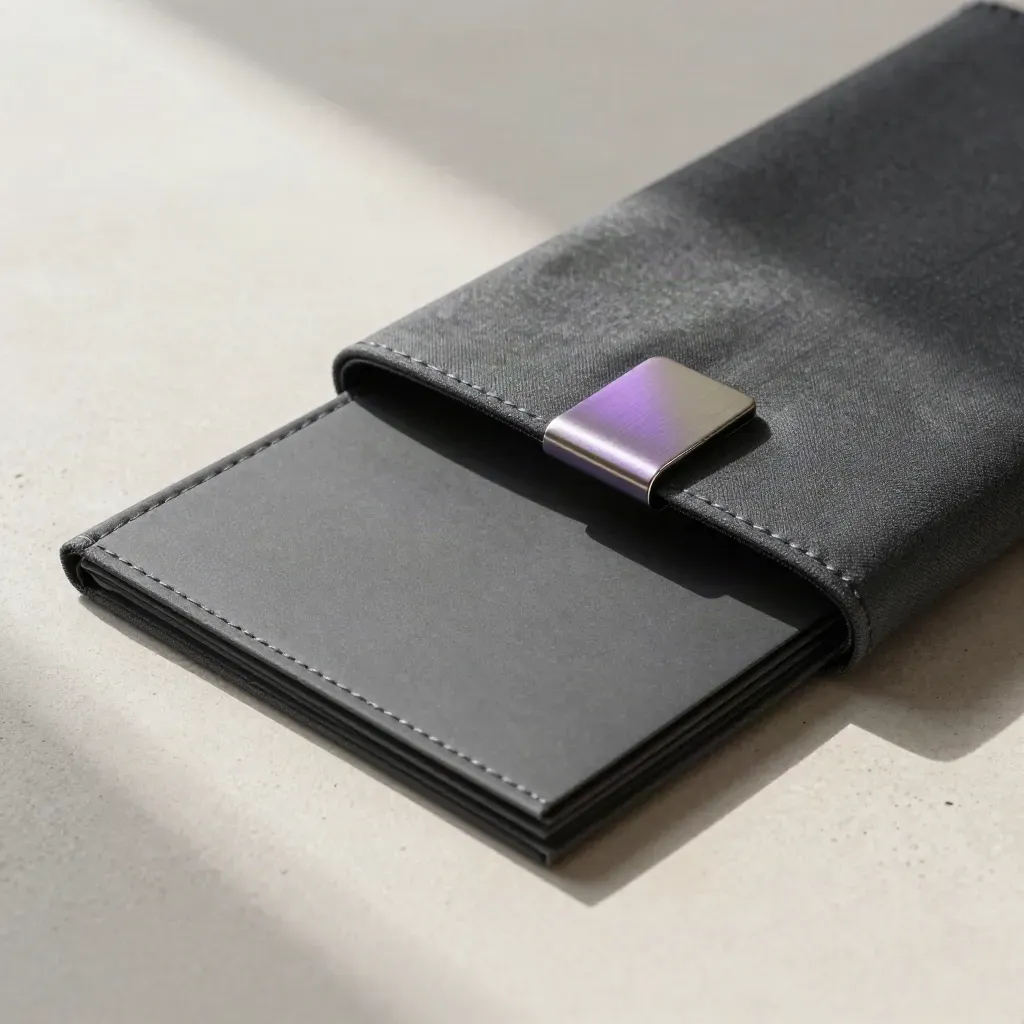 Pack creator charcoal con inserti, clip metallica e tessuto su pietra chiara.