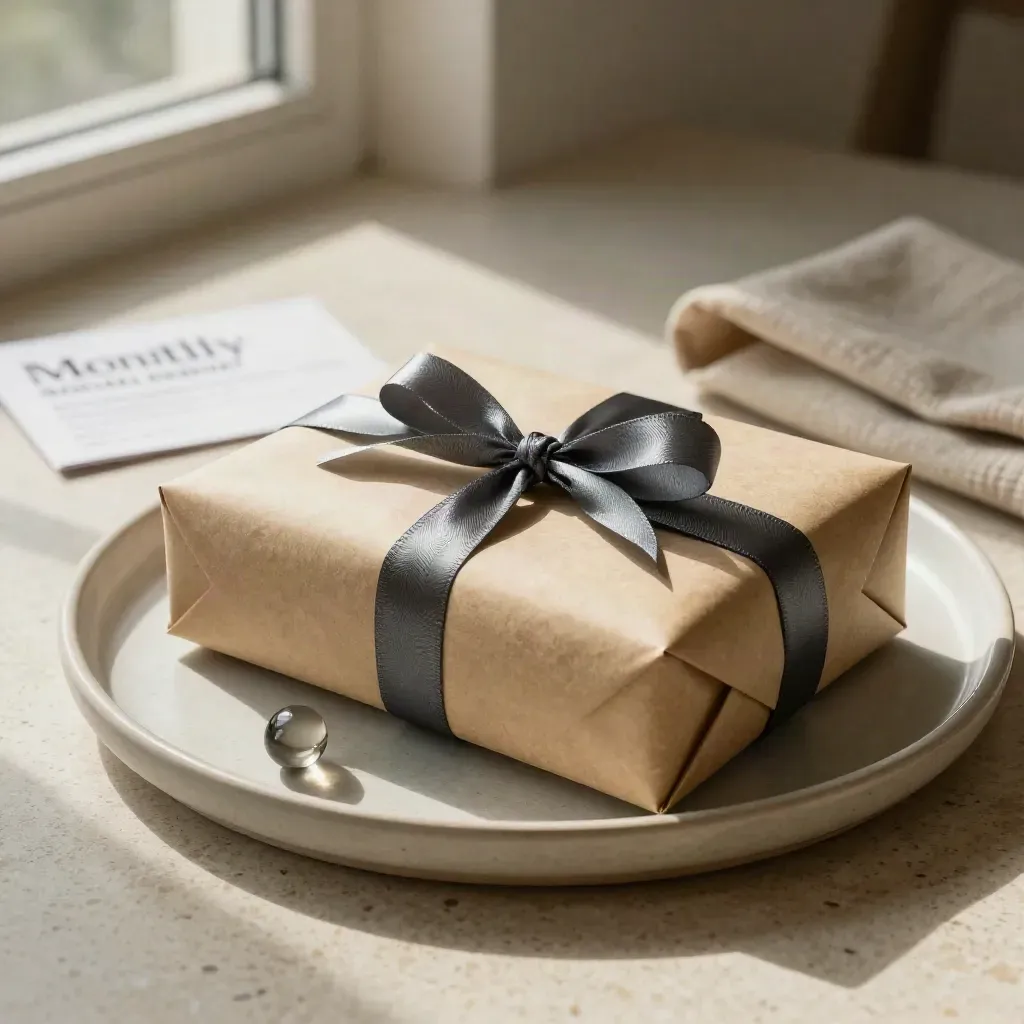 Pacco report mensile in kraft con nastro antracite su vassoio ceramico e sfondo morbido.