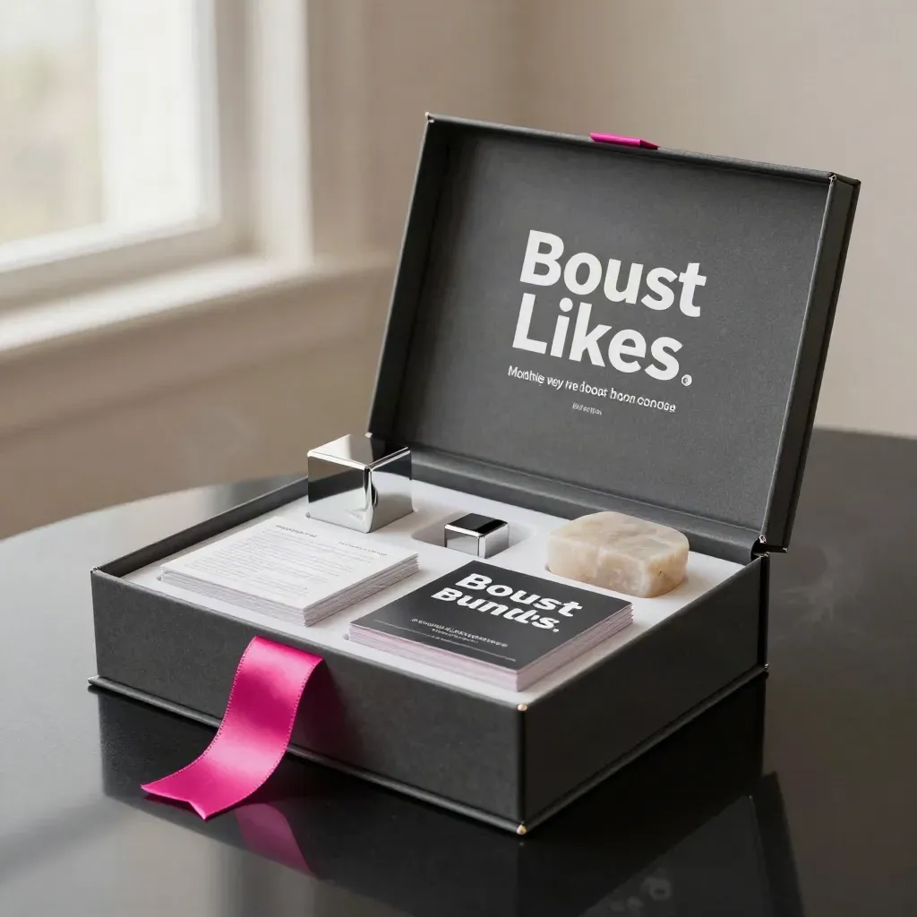 Bundle mensile Boost Likes aperto su fondo nero, con dettagli fucsia e riflessi metallici.