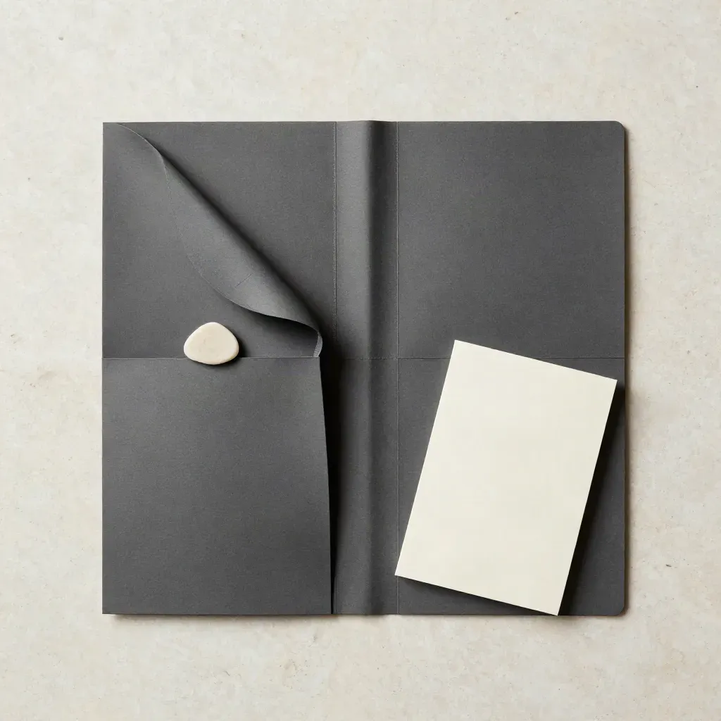 Flatlay dall'alto di una sleeve Instagram antracite con inserti, pietra chiara e card piegata.