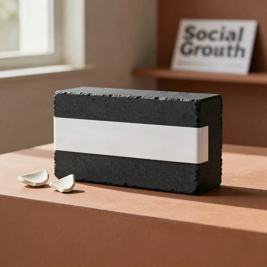 Blocco promozionale charcoal con fascia bianca, schegge ceramiche e metallo su plinto terracotta.