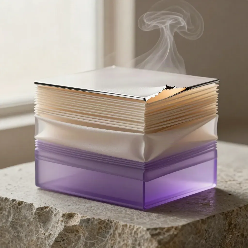 Pack TikTok in acrilico satinato con bordo cromato e base in pietra, illuminato di viola.
