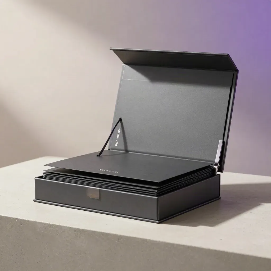 Case charcoal aperta con inserti satinati e riflessi viola su plinto in cemento chiaro.