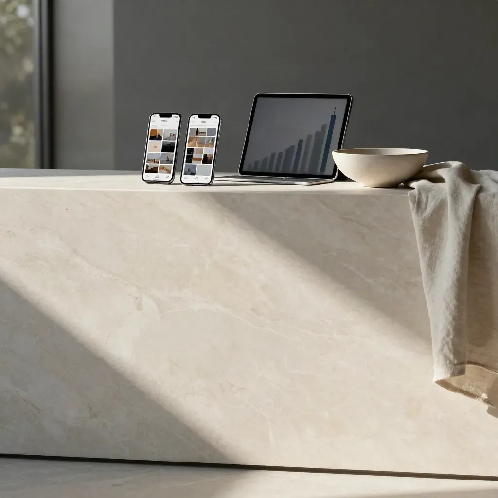 Console in marmo con smartphone, tablet sfocato e drappo chiaro, luce mattutina.