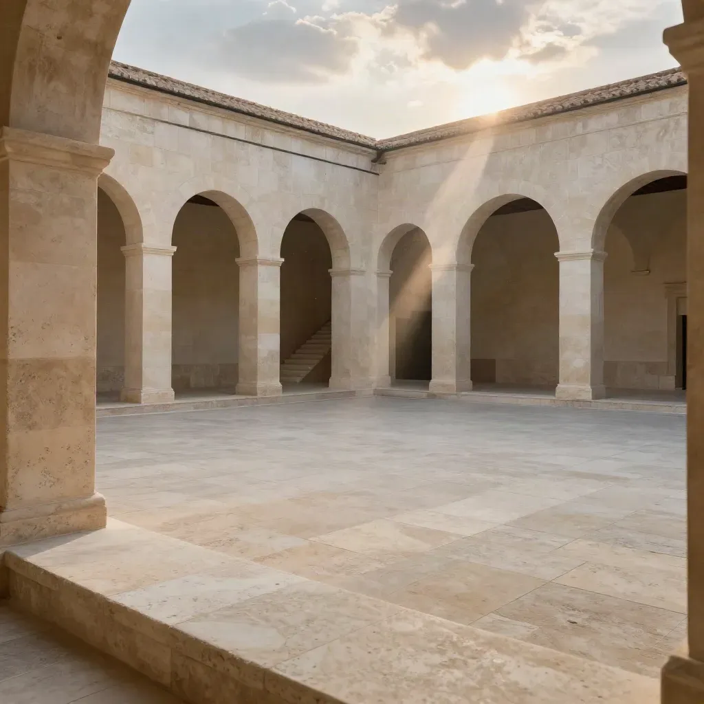Cortile di pietra chiara con archi alti, scala lontana e luce calda, spazio calmo per il testo.