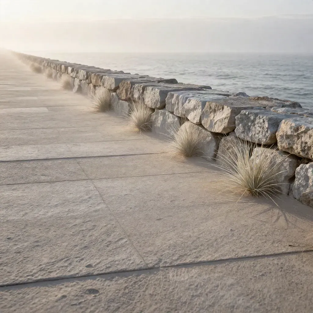 Lido di pietra al mattino con erba salmastra, nebbia marina e orizzonte sfocato.