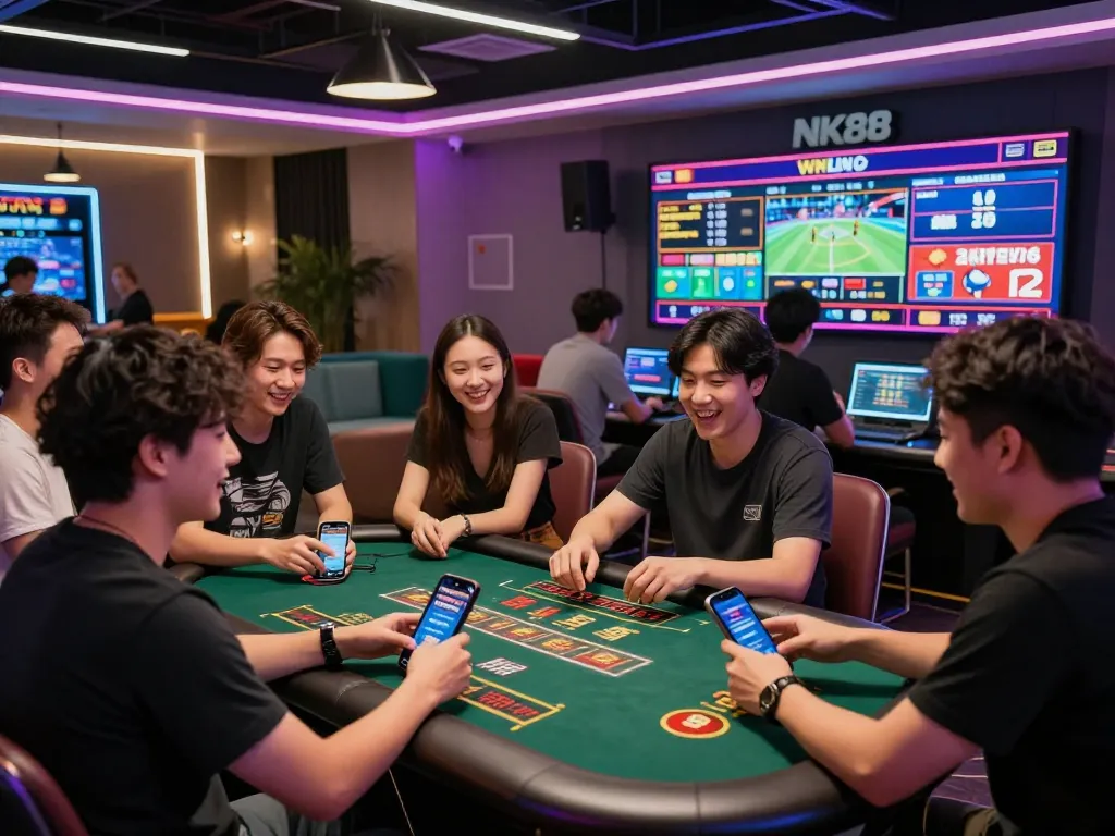 Young adults enjoying the NK88 online gambling platform with vibrant gaming options.