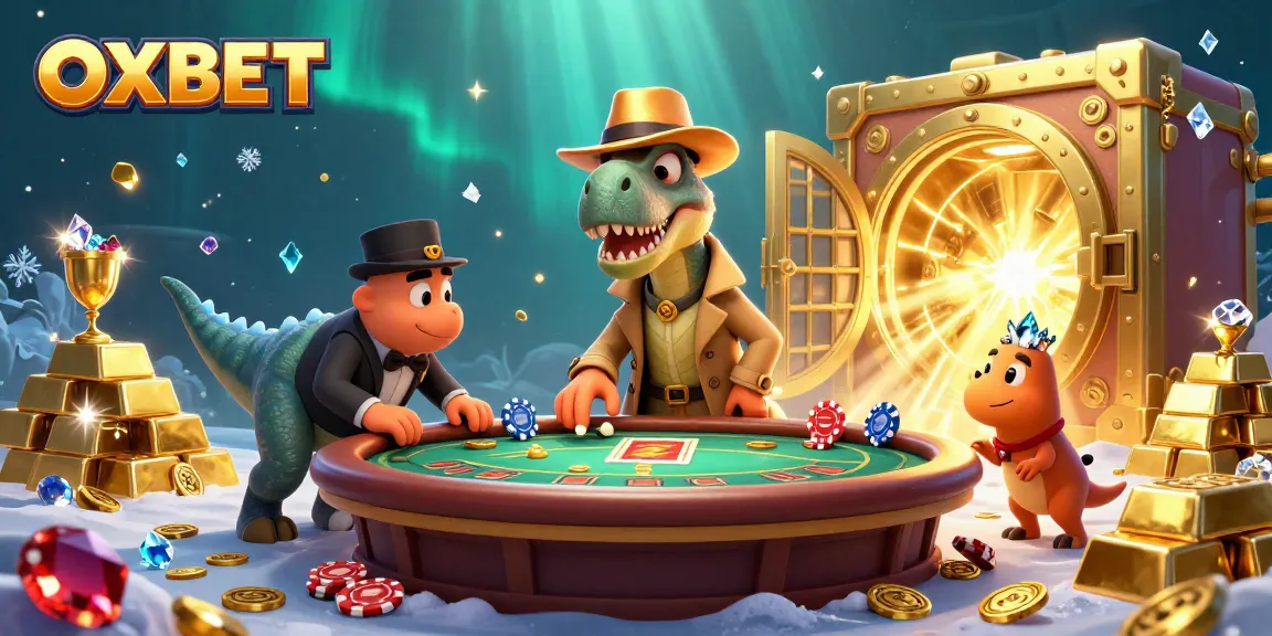 OXBET offers thrilling blackjack action as cartoon dinosaurs and treasures create a fun casino scene.