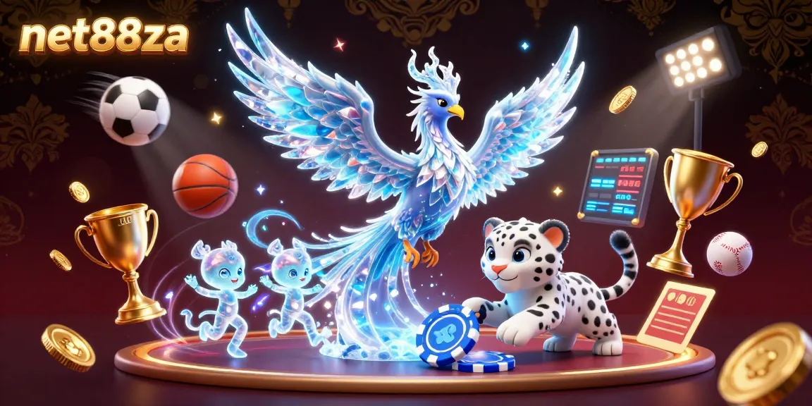 Experience excitement with net88za in a vibrant 3D casino scene filled with dynamic sports and gaming elements.