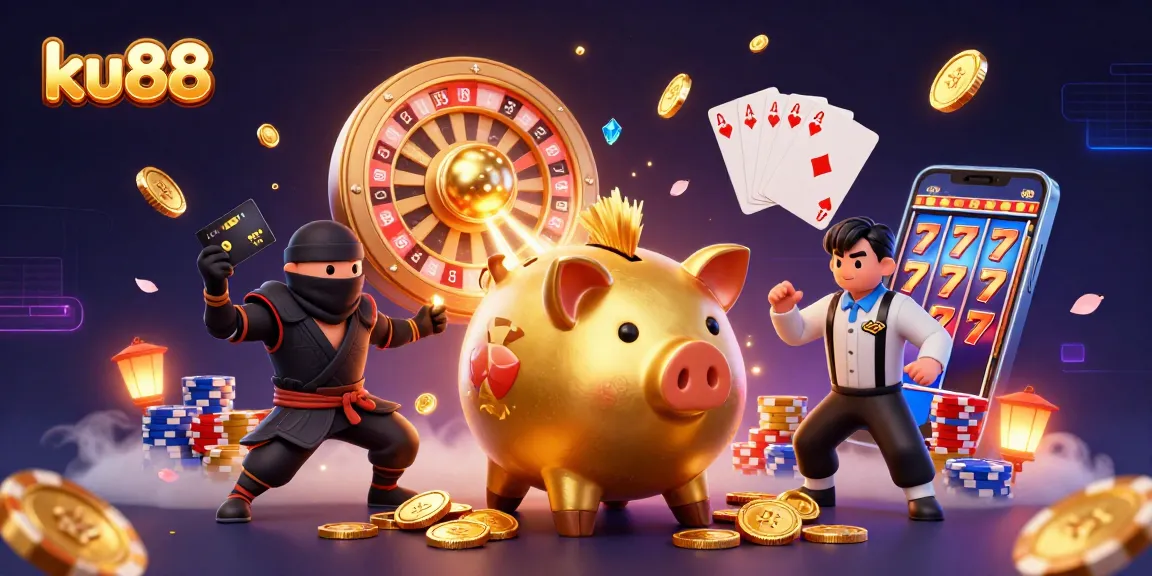 ku88 showcases an energetic scene with a piggy bank sumo wrestler showering golden coins in a vibrant casino setting.