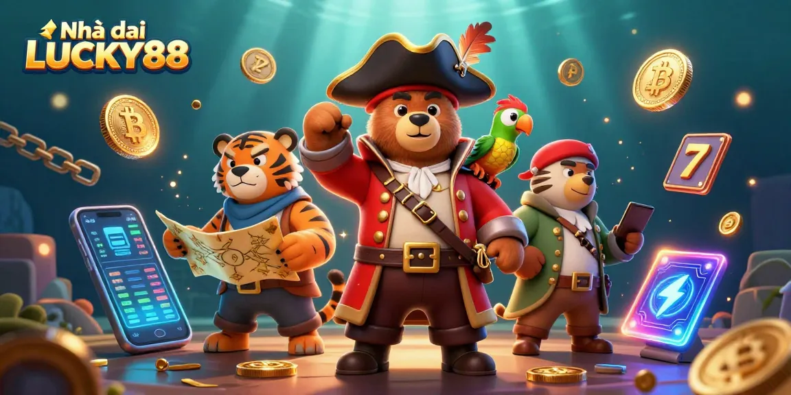 Engage with Nhà cái LUCKY88's vibrant casino experience featuring a pirate bear, tiger, and digital elements.
