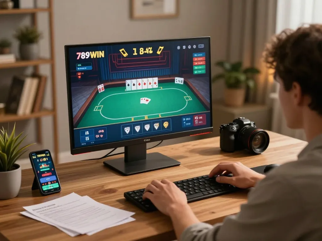 Engaging gameplay of 789WIN on a home desk setup, with poker game interface visible on screen.