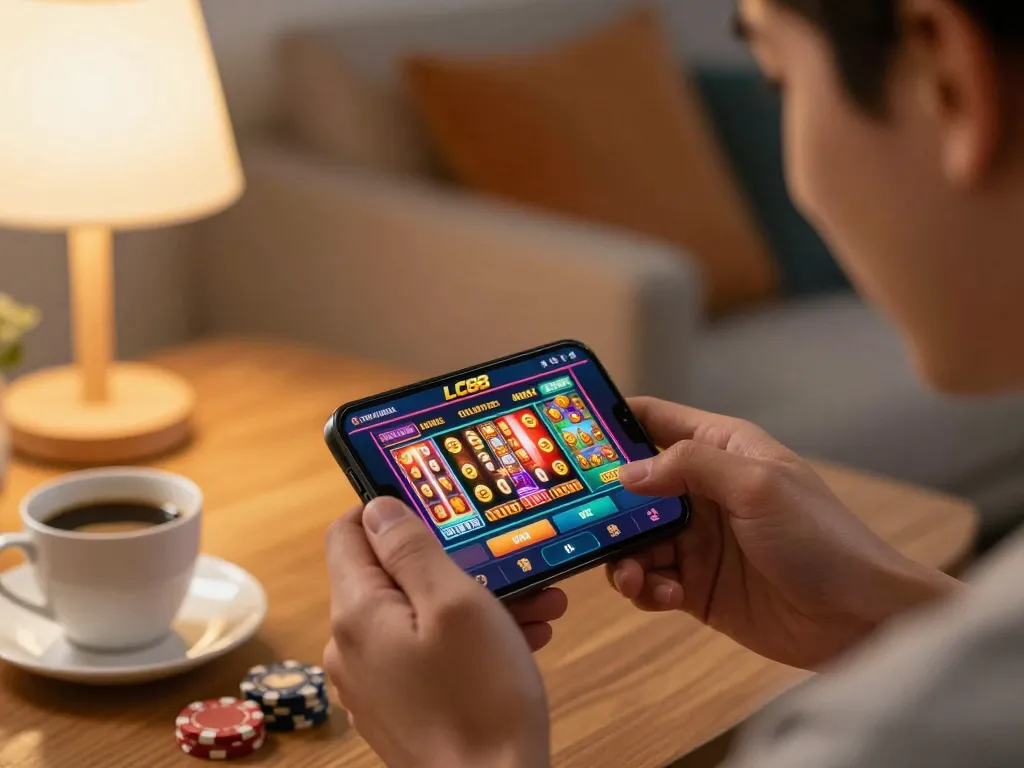 Engaging in mobile betting with the LC88 app on a smartphone at home.