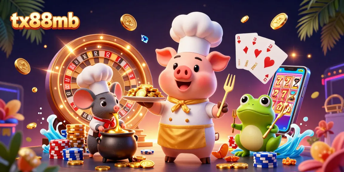 Engage with tx88mb's animated casino scene featuring a chef pig and a sous-chef mouse.