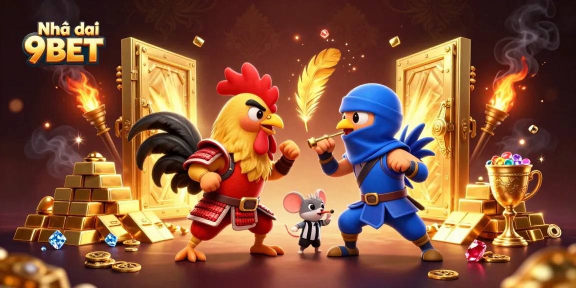 Engage in thrilling battles at Nhà cái 9BET with epic cartoon roosters amidst treasures.