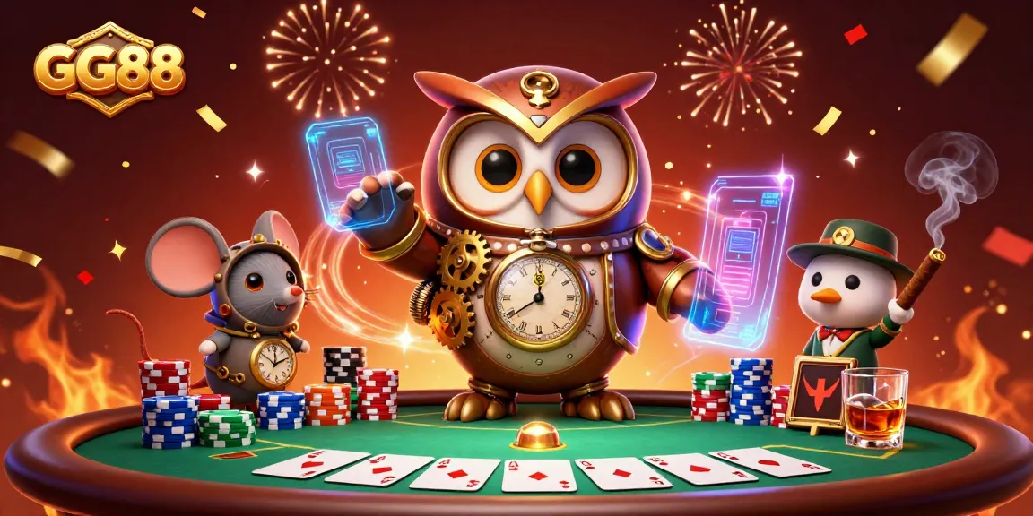 Experience thrilling poker action at GG88 with a steampunk owl and vibrant casino elements!