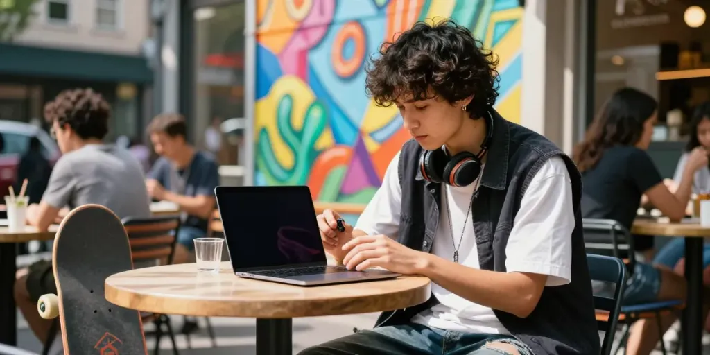 Youth embracing modern street culture with rokok88 gear in a lively urban café.