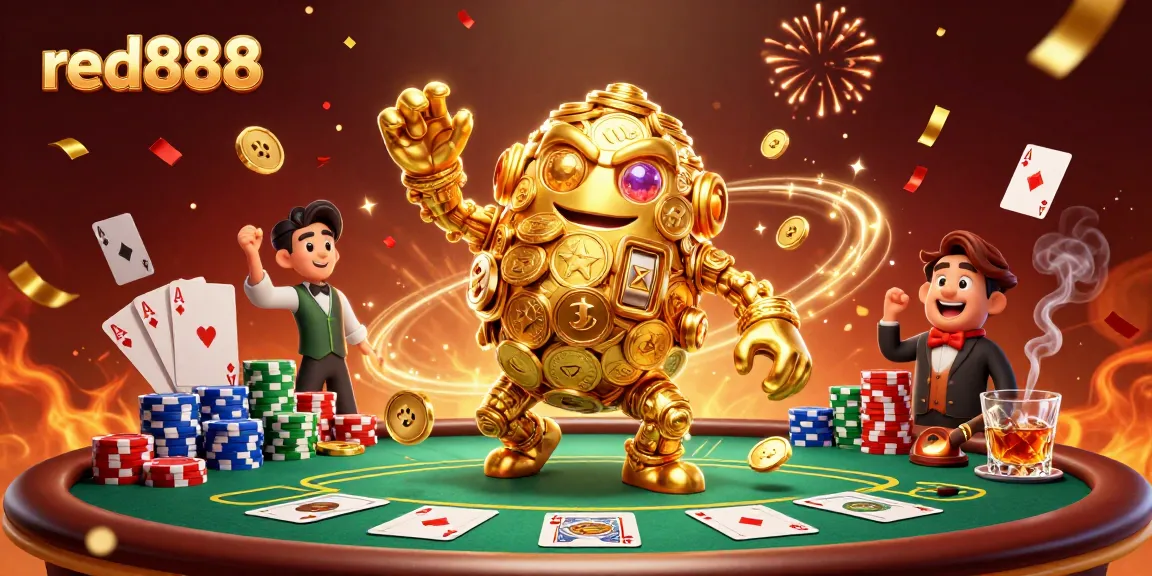 Experience thrilling action at red888 with a vibrant illustration showcasing poker excitement and festive energy.