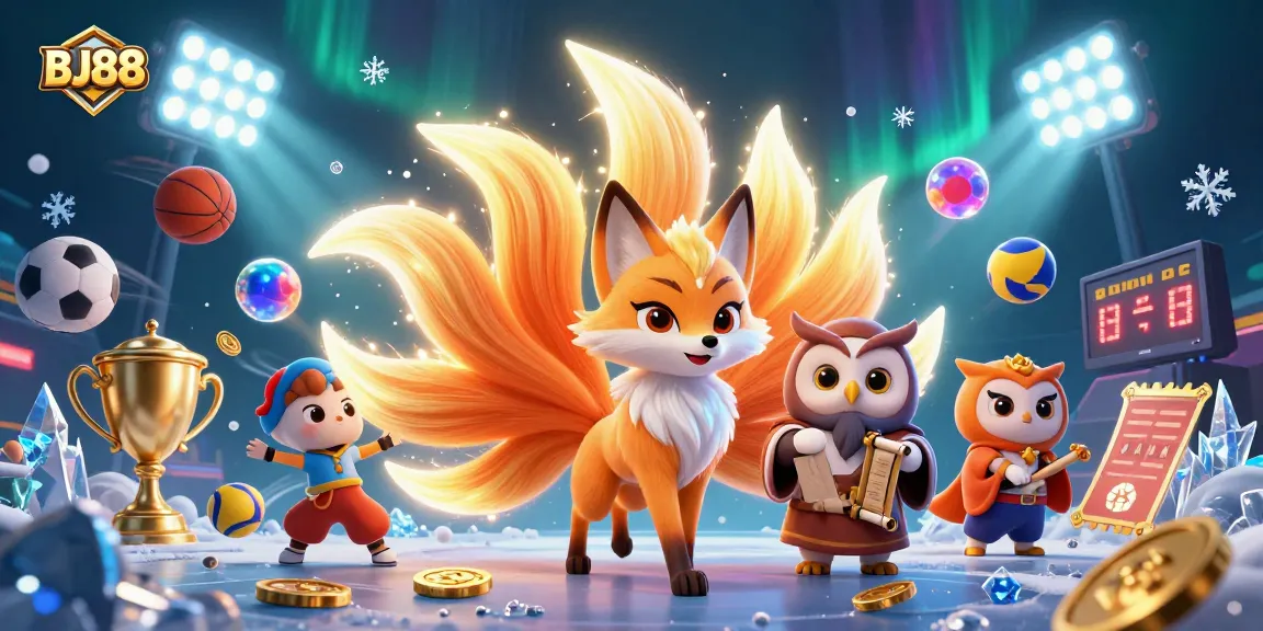 Experience the thrill of BJ88 casino games with a vibrant 3D illustration of a fox spirit and owl sage in action.