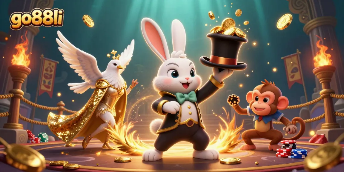 Experience thrilling gameplay at go88li with a 3D magician rabbit surrounded by casino elements, enhancing your winning potential.