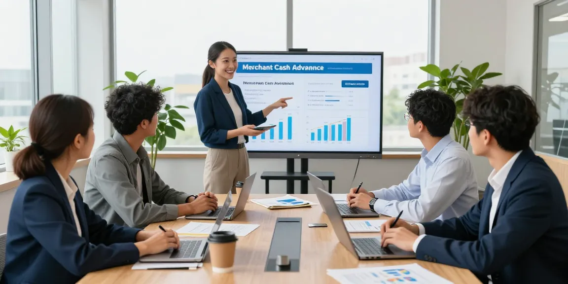 Dynamic business meeting discussing merchant cash advance companies with diverse professionals analyzing data.