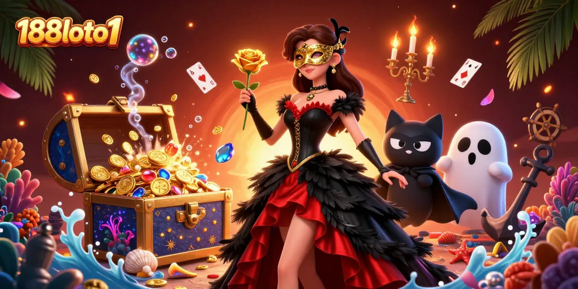 Join the thrilling action at 188loto1 with an enchanting illustration of a masked woman and treasures galore.