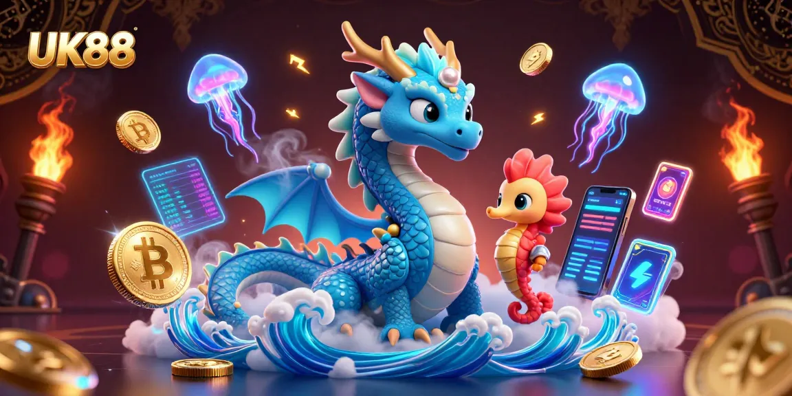 Engage with UK88 in this vibrant scene featuring a magical dragon and crypto elements.