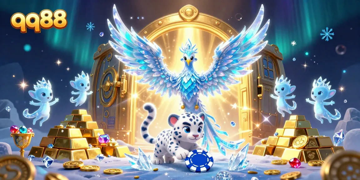 Bet on exciting games at qq88 with vibrant ice phoenix, treasures, and dazzling gems.