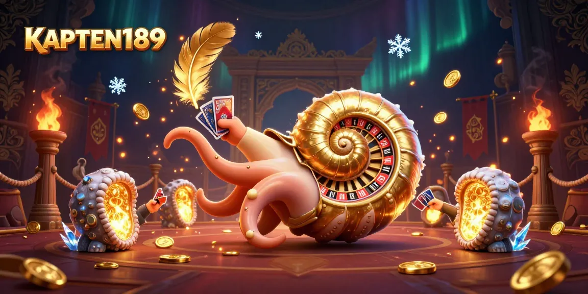KAPTEN189 menampilkan nautilus raksasa dengan cangkang roulette dan kartu, dalam arena pertarungan penuh uang koin.