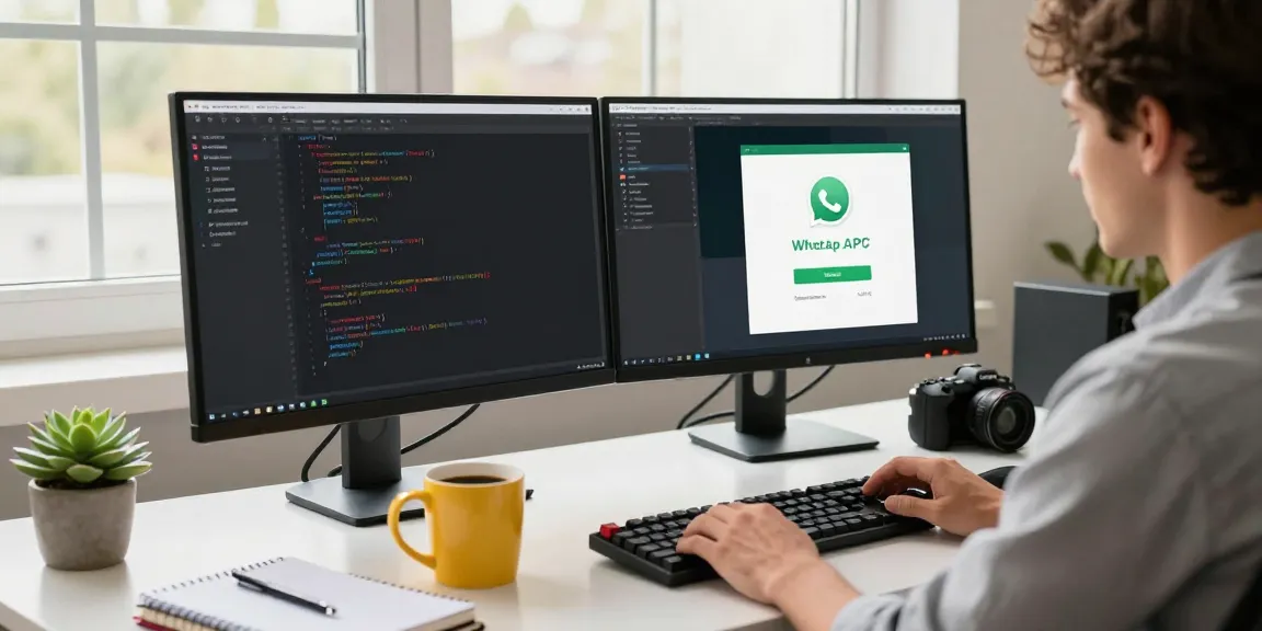 Professional developer using WhatsApp網頁版 on a dual-monitor setup in a modern office.