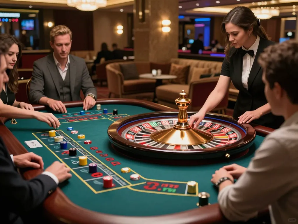 Experience the thrill of cm88 at the roulette table as players bet and croupiers spin.