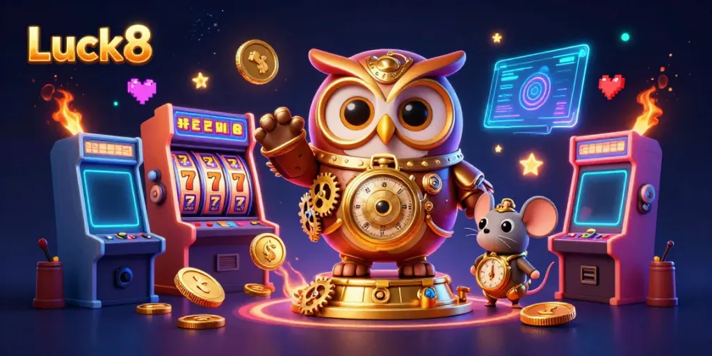 Engage with exciting slot gameplay at Luck8, featuring vibrant characters in a lively casino atmosphere.