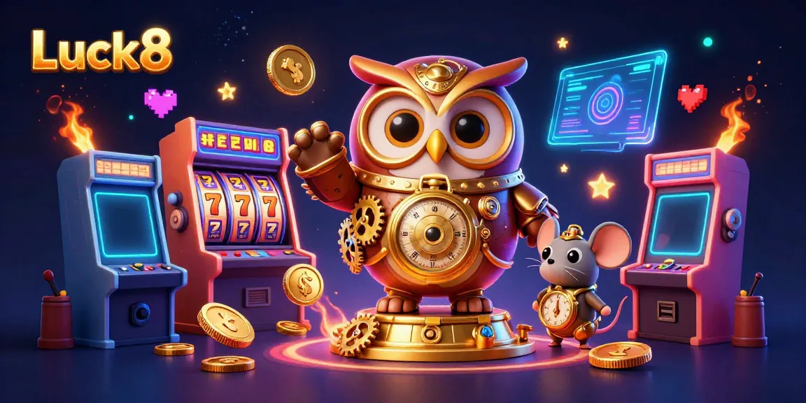 Engage with exciting slot gameplay at Luck8, featuring vibrant characters in a lively casino atmosphere.