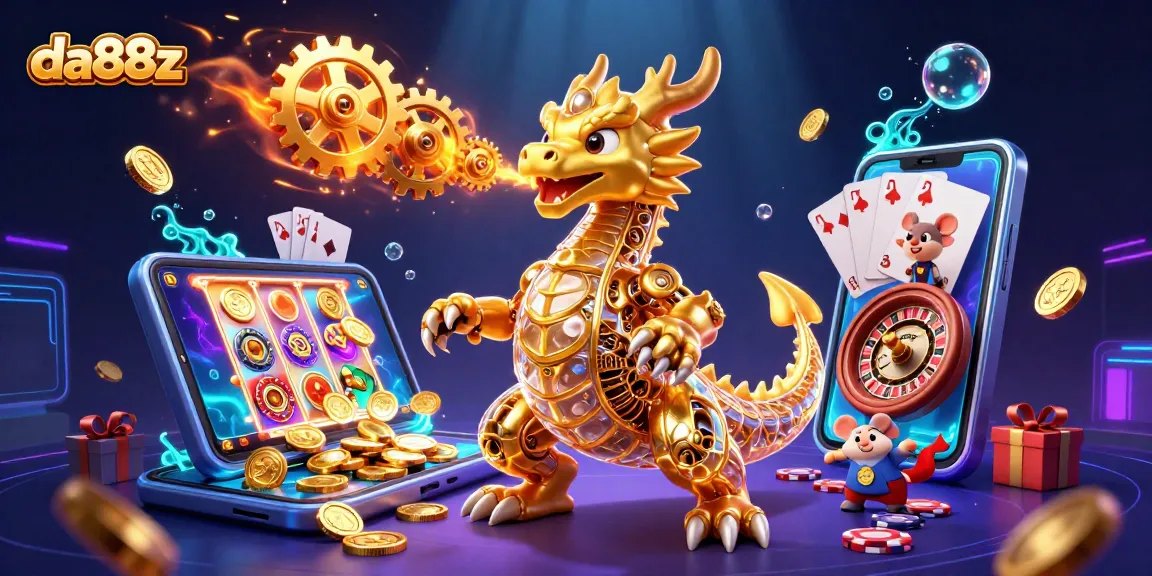 Experience the thrilling adventures at da88z with a golden dragon and vibrant gaming elements.