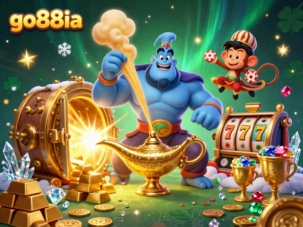 Experience the magical world of go88ia with a vibrant casino illustration featuring a genie and treasures.