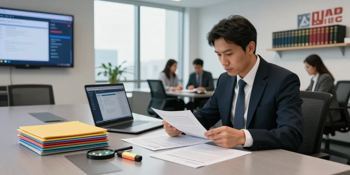 Document fraud detection analysis in a corporate office with an analyst reviewing documents in a professional setting.