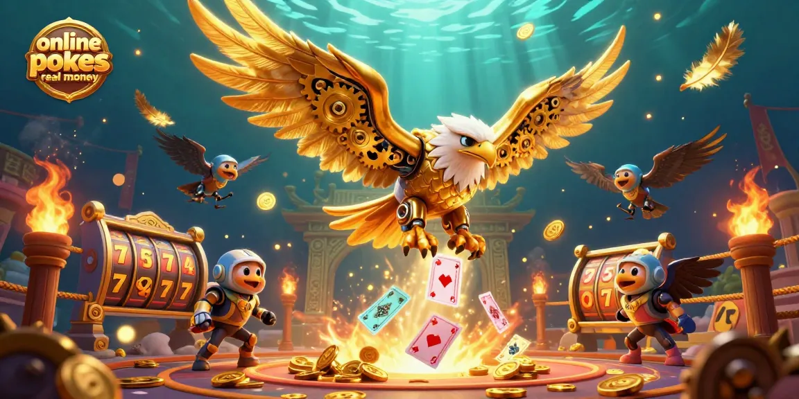 Engage with online pokies real money in a vibrant 3D illustration of a golden eagle amidst dynamic casino symbols.