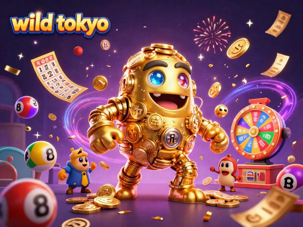 Win big with wild tokyo's vibrant gaming scene featuring a golden golem and dynamic casino elements.