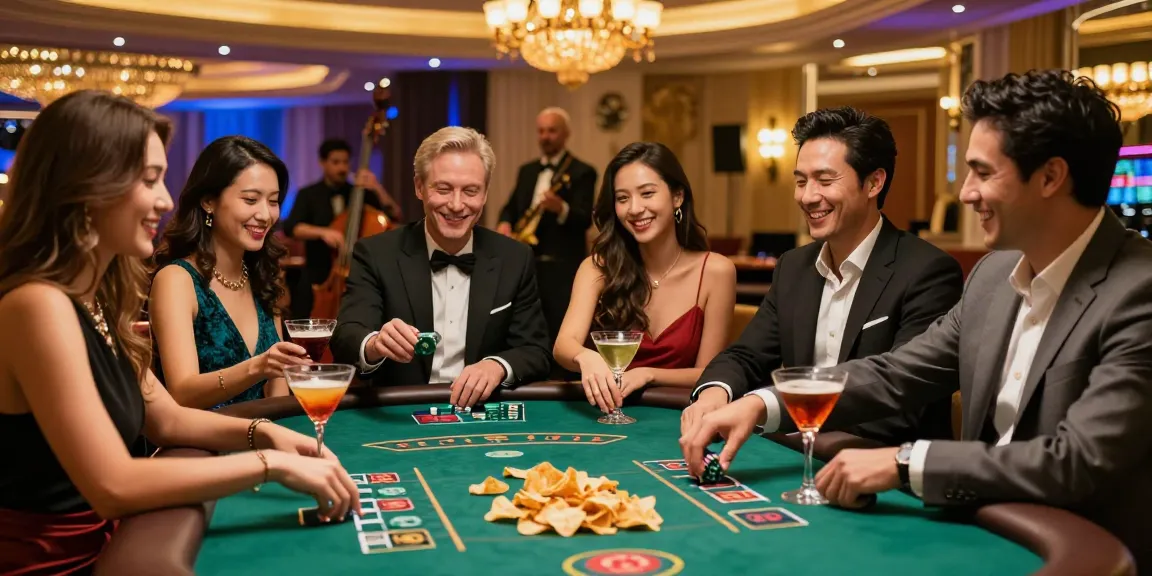Friends enjoying high-stakes gaming at rokok88 casino with cocktails and chips