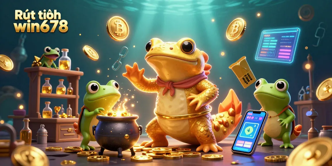 Experience thrilling Rút tiền win678 gaming with a 3D alchemist scene filled with crypto coins.