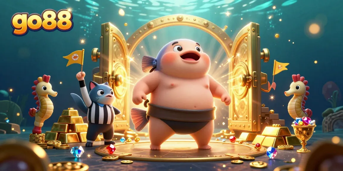Experience the excitement of go88 with a lively underwater casino scene featuring a cartoon fugu and treasures.