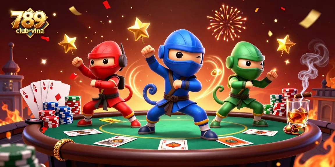 Engage with dynamic gameplay at 789club-vina featuring cartoon ninjas amid a vibrant poker scene.
