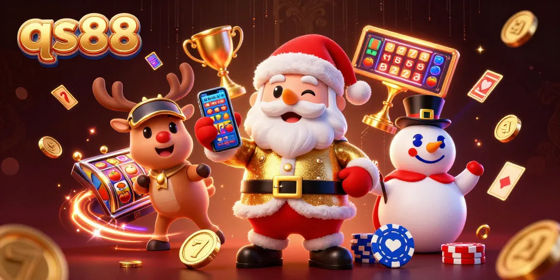 Experience the excitement of qs88 with Santa, a reindeer dealer, and a poker chip snowman in a lively casino!