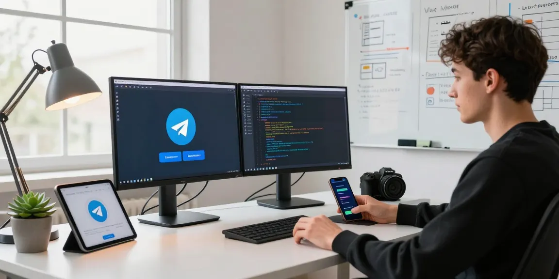 Download Telegram app in a productive tech workspace showcasing advanced messaging features and coding interface.