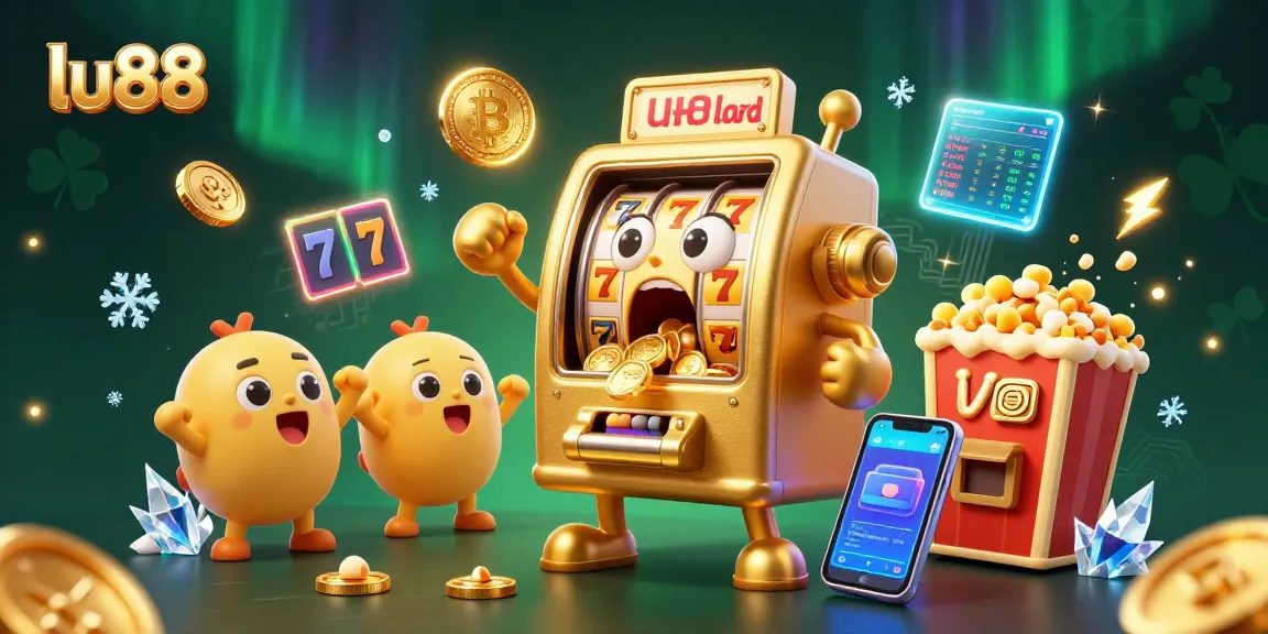 lu88 showcasing an exciting casino scene with a golden slot machine celebrating a jackpot amidst vibrant graphics.