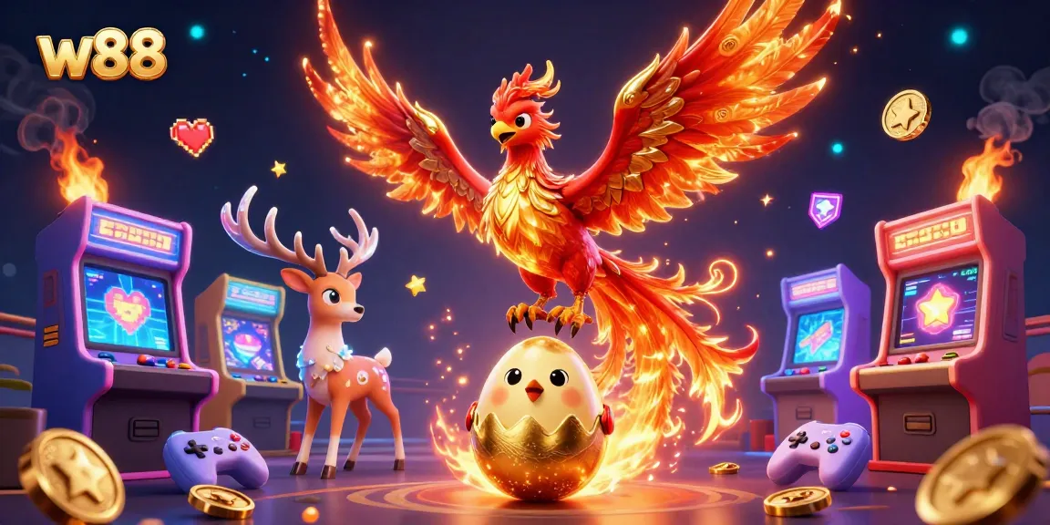 Win big at w88 with vibrant 3D gaming featuring a fire phoenix and arcade elements.
