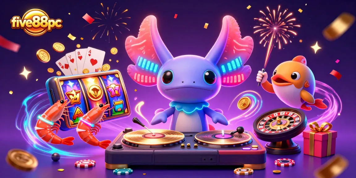 Experience the vibrant world of five88pc with animated axolotl DJ and exciting slot games.