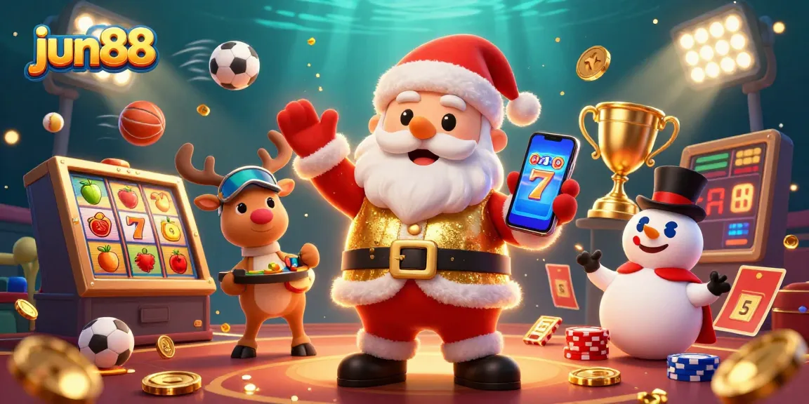 Reveal thrilling jackpots at jun88 with Santa and friends in a vibrant 3D casino scene brimming with excitement.